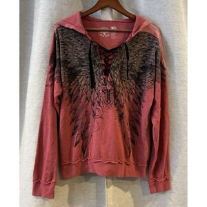 Affliction Live Fast Women Lace Up Hoodie Sweatshirt Wings Sz XL